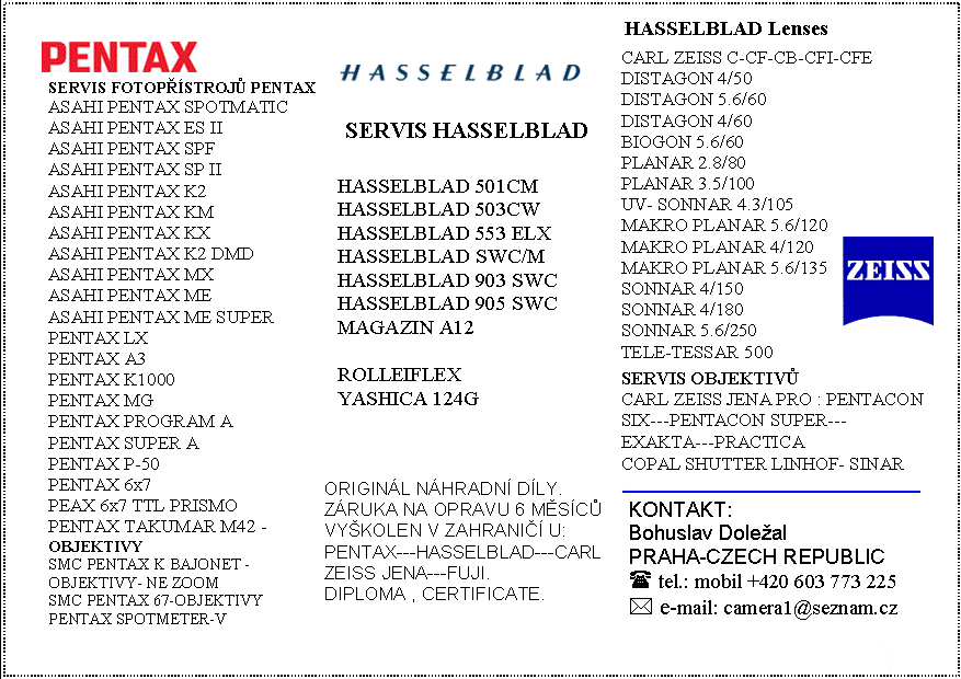 Servis foto PENTAX,HASSELBLAD,ZEISS,Rolleiflex,Yashica